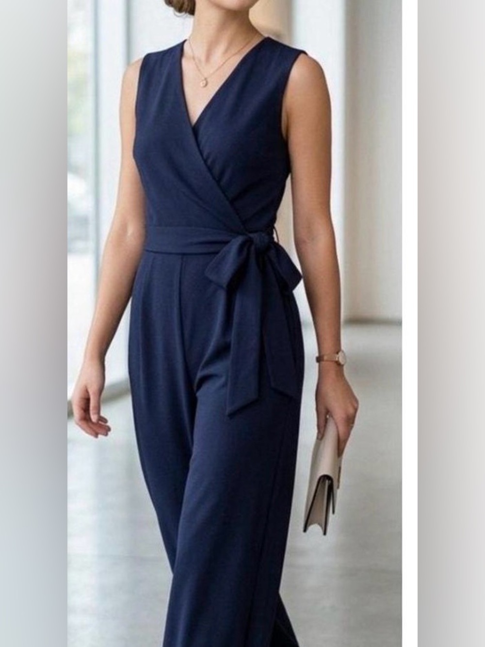 Emma and Michele Navy Sleeveless Jumpsuit with Surplice Faux Wrap neck